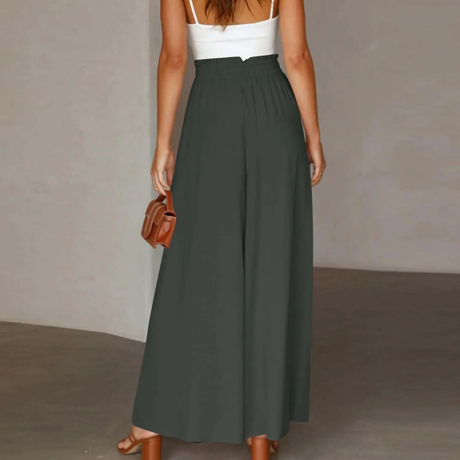 2024 High Waist Pants Solid Color Womens Spring Pleated Wide Leg Basic with Belt Daily Dressy Casual Trousers