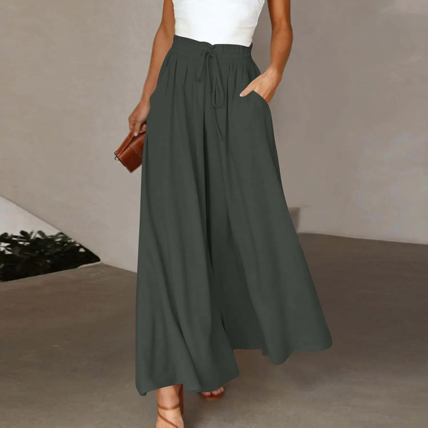 2024 High Waist Pants Solid Color Womens Spring Pleated Wide Leg Basic with Belt Daily Dressy Casual Trousers