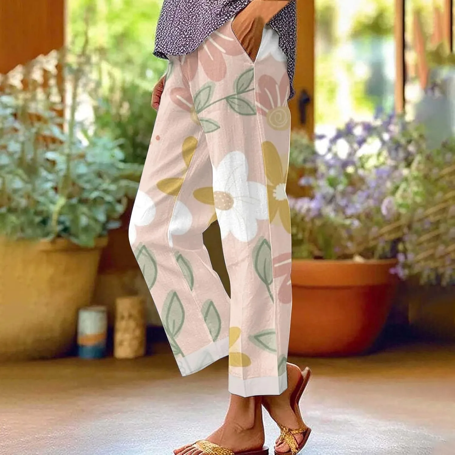 2025 Cotton Linen Pants Women Summer Elastic Waist Crop Pant Plus Size Straight Leg Slack Casual Trouser with Pocket