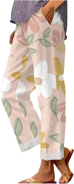 2025 Cotton Linen Pants Women Summer Elastic Waist Crop Pant Plus Size Straight Leg Slack Casual Trouser with Pocket
