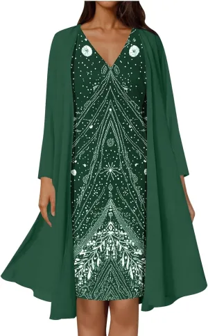 2025 Womens Chiffon Two-Piece Set Trendy Sleeveless V-Neck Dress with Long Sleeve Cover-Up Casual Midi Dress Outfits