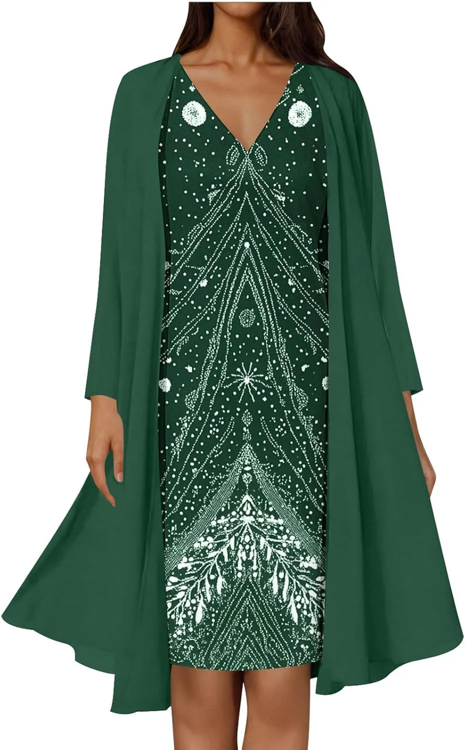 2025 Womens Chiffon Two-Piece Set Trendy Sleeveless V-Neck Dress with Long Sleeve Cover-Up Casual Midi Dress Outfits