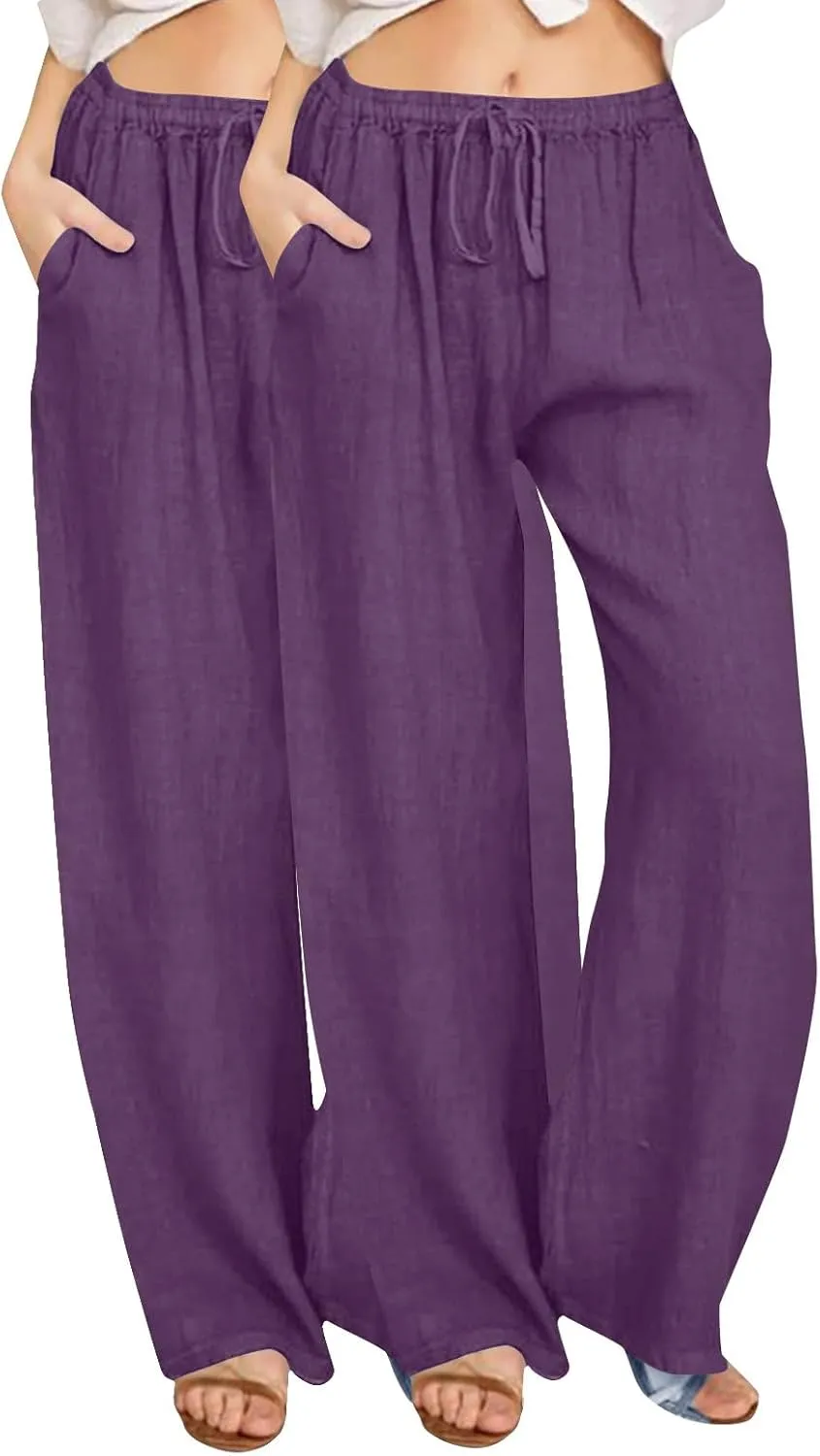 2PC Women's Casual Linen Pant Summer Drawstring Straight Slacks Elastic Waist Leg Palazzo Flowy Wide Leg Pants