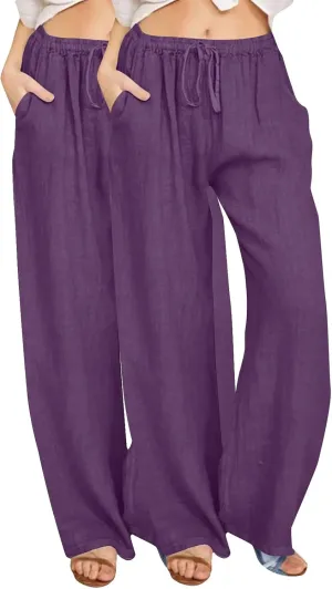 2PC Women's Casual Linen Pant Summer Drawstring Straight Slacks Elastic Waist Leg Palazzo Flowy Wide Leg Pants