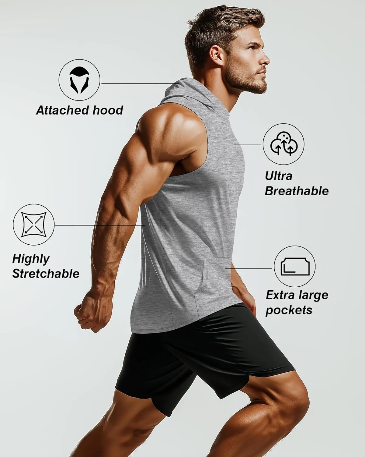 3 Pack Men's Big & Tall Workout Hooded Tank Tops, Cotton Sleeveless Gym Hoodies Bodybuilding Muscle Cut Off Shirts
