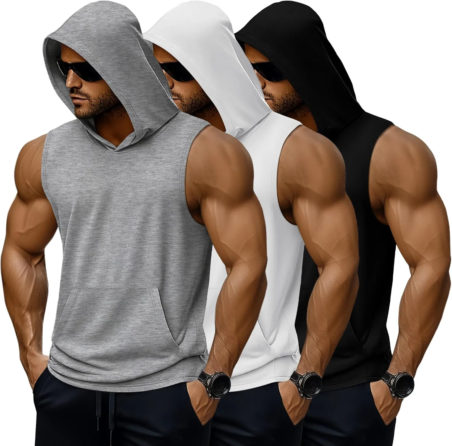 3 Pack Men's Big & Tall Workout Hooded Tank Tops, Cotton Sleeveless Gym Hoodies Bodybuilding Muscle Cut Off Shirts