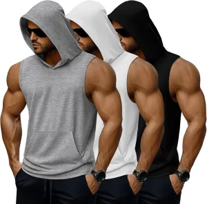 3 Pack Men's Big & Tall Workout Hooded Tank Tops, Cotton Sleeveless Gym Hoodies Bodybuilding Muscle Cut Off Shirts