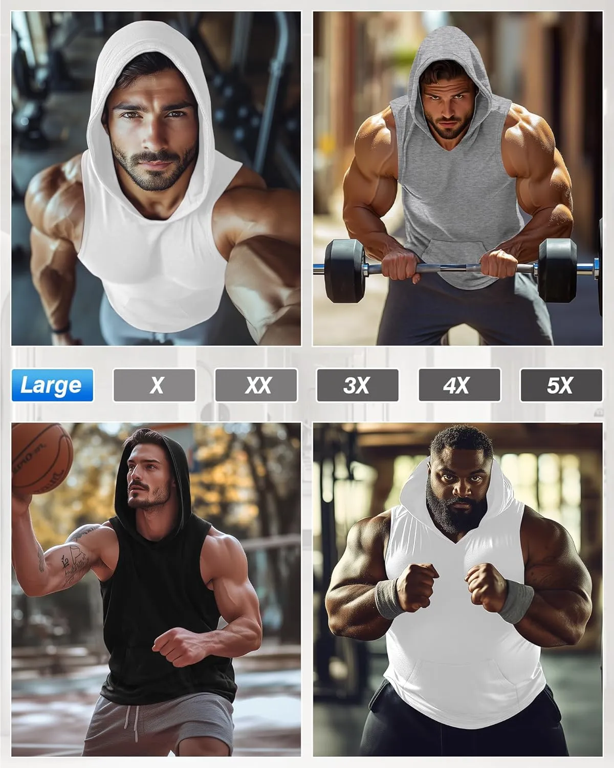 3 Pack Men's Big & Tall Workout Hooded Tank Tops, Cotton Sleeveless Gym Hoodies Bodybuilding Muscle Cut Off Shirts