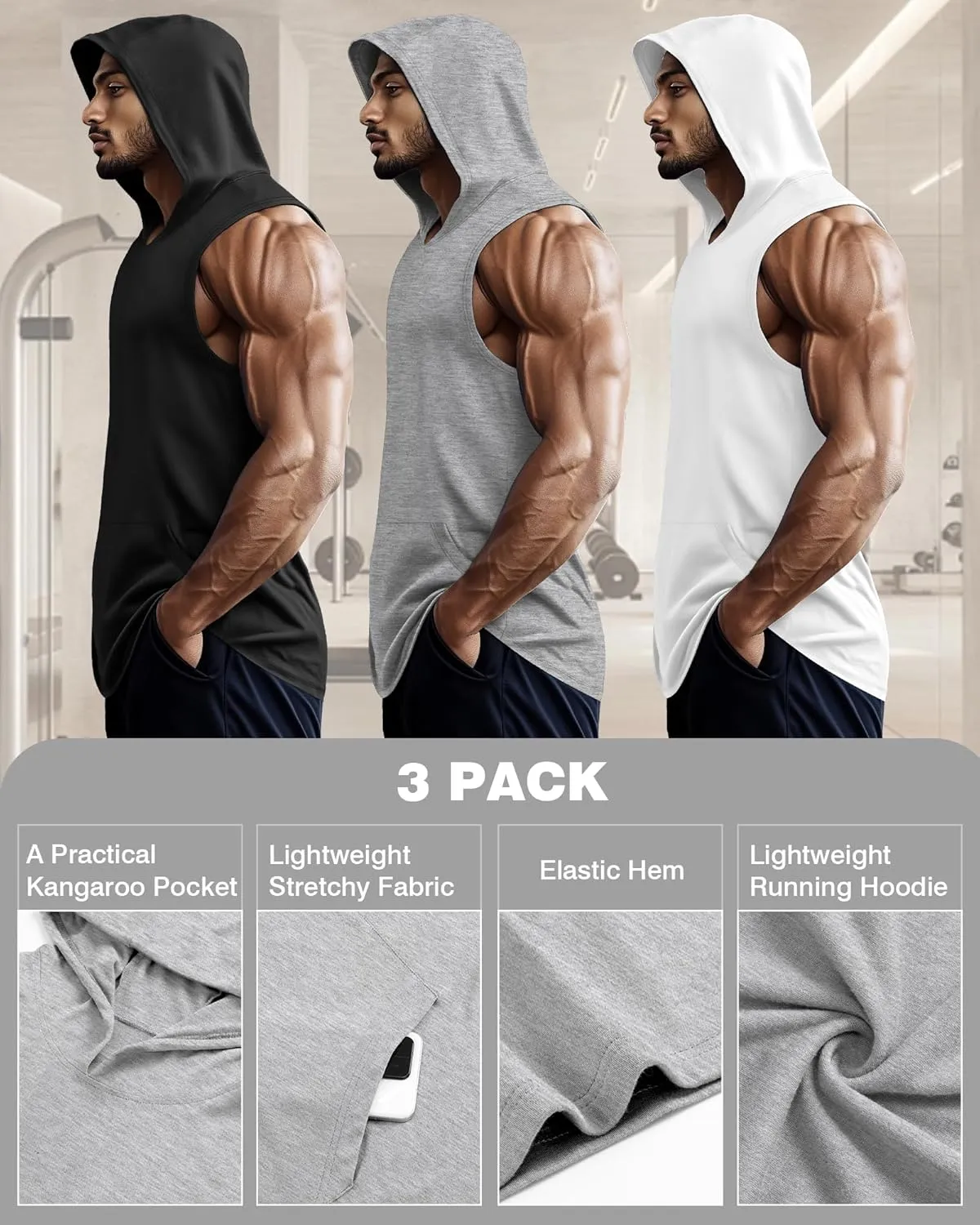 3 Pack Men's Big & Tall Workout Hooded Tank Tops, Cotton Sleeveless Gym Hoodies Bodybuilding Muscle Cut Off Shirts