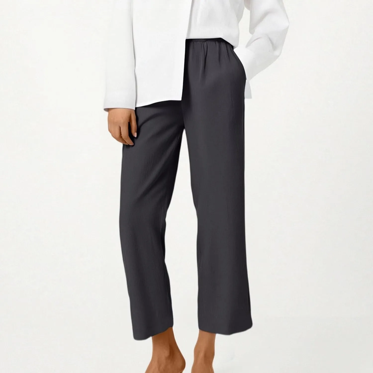 ADHOWBEW Capri Pants for Women Casual Comfy Cotton Summer Trendy Wide Leg Flowy High Waist Lounge Trousers with Pockets