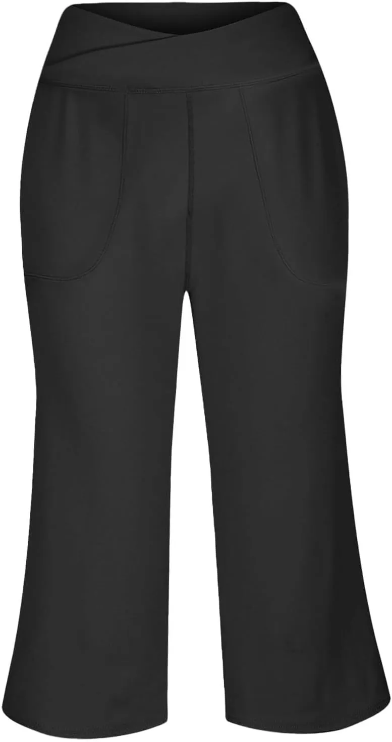 ADHOWBEW Capri Pants for Women Drawstring Flowy High Waist Wide Leg Dressy Trendy Summer Cotton Comfy Slacks with Pockets