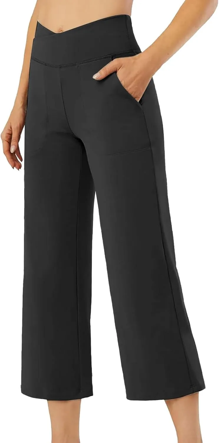 ADHOWBEW Capri Pants for Women Drawstring Flowy High Waist Wide Leg Dressy Trendy Summer Cotton Comfy Slacks with Pockets
