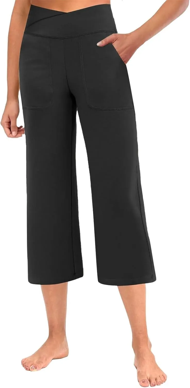 ADHOWBEW Capri Pants for Women Drawstring Flowy High Waist Wide Leg Dressy Trendy Summer Cotton Comfy Slacks with Pockets