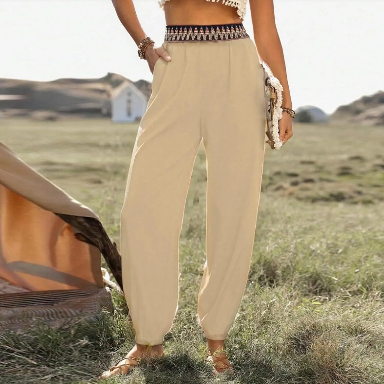ADHOWBEW Capri Pants for Women Wide Leg Cotton Lounge Dressy Trendy Flowy Casual Drawstring Comfy Bottoms with Pockets