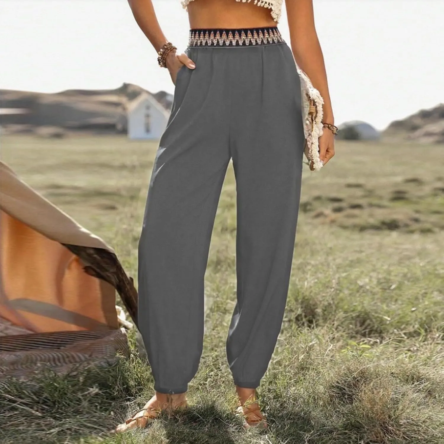 ADHOWBEW Capri Pants for Women Wide Leg Cotton Lounge Dressy Trendy Flowy Casual Drawstring Comfy Bottoms with Pockets