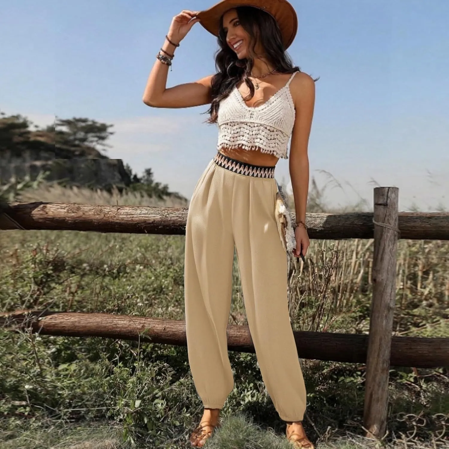 ADHOWBEW Capri Pants for Women Wide Leg Cotton Lounge Dressy Trendy Flowy Casual Drawstring Comfy Bottoms with Pockets