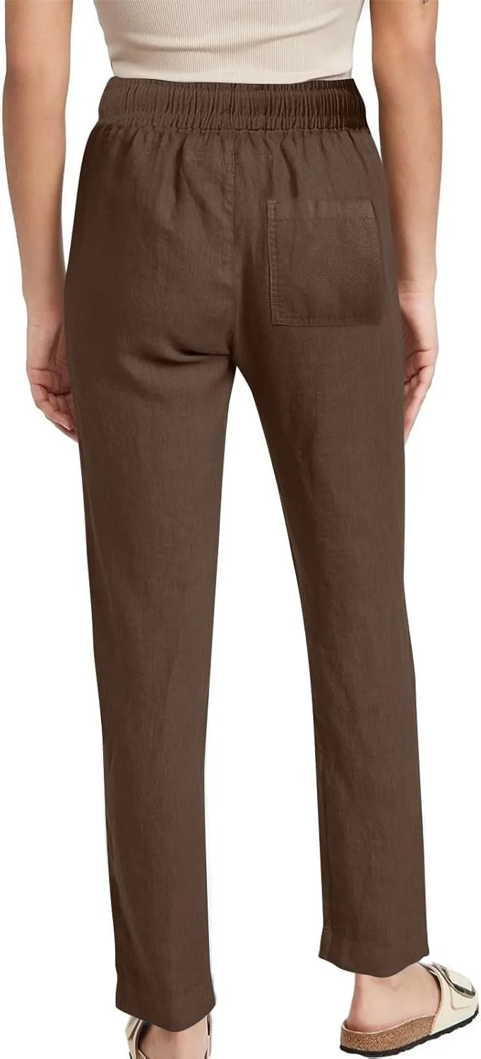 ADHOWBEW Lightweight Capri Pants for Women Casual Cotton Summer Dressy High Waist Drawstring Flowy Slacks with Pockets