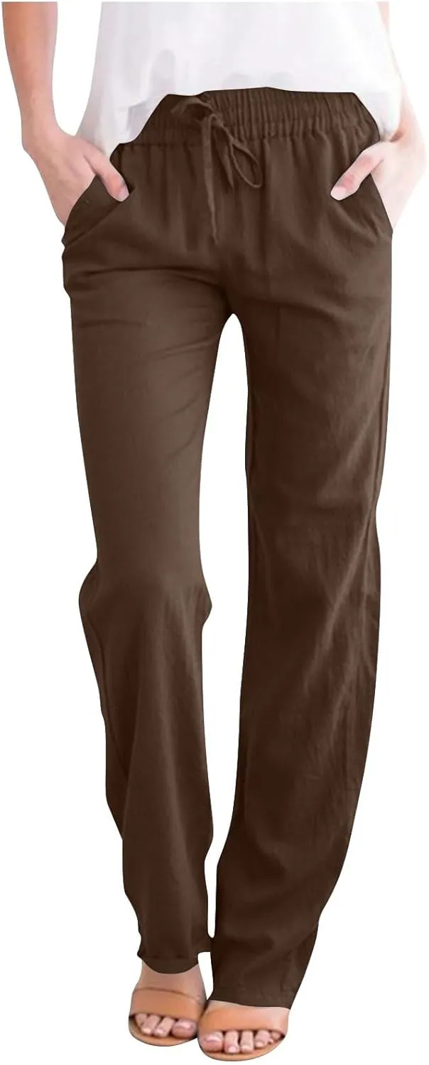 ADHOWBEW Lightweight Capri Pants for Women Casual Cotton Summer Dressy High Waist Drawstring Flowy Slacks with Pockets