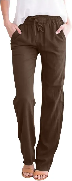 ADHOWBEW Lightweight Capri Pants for Women Casual Cotton Summer Dressy High Waist Drawstring Flowy Slacks with Pockets