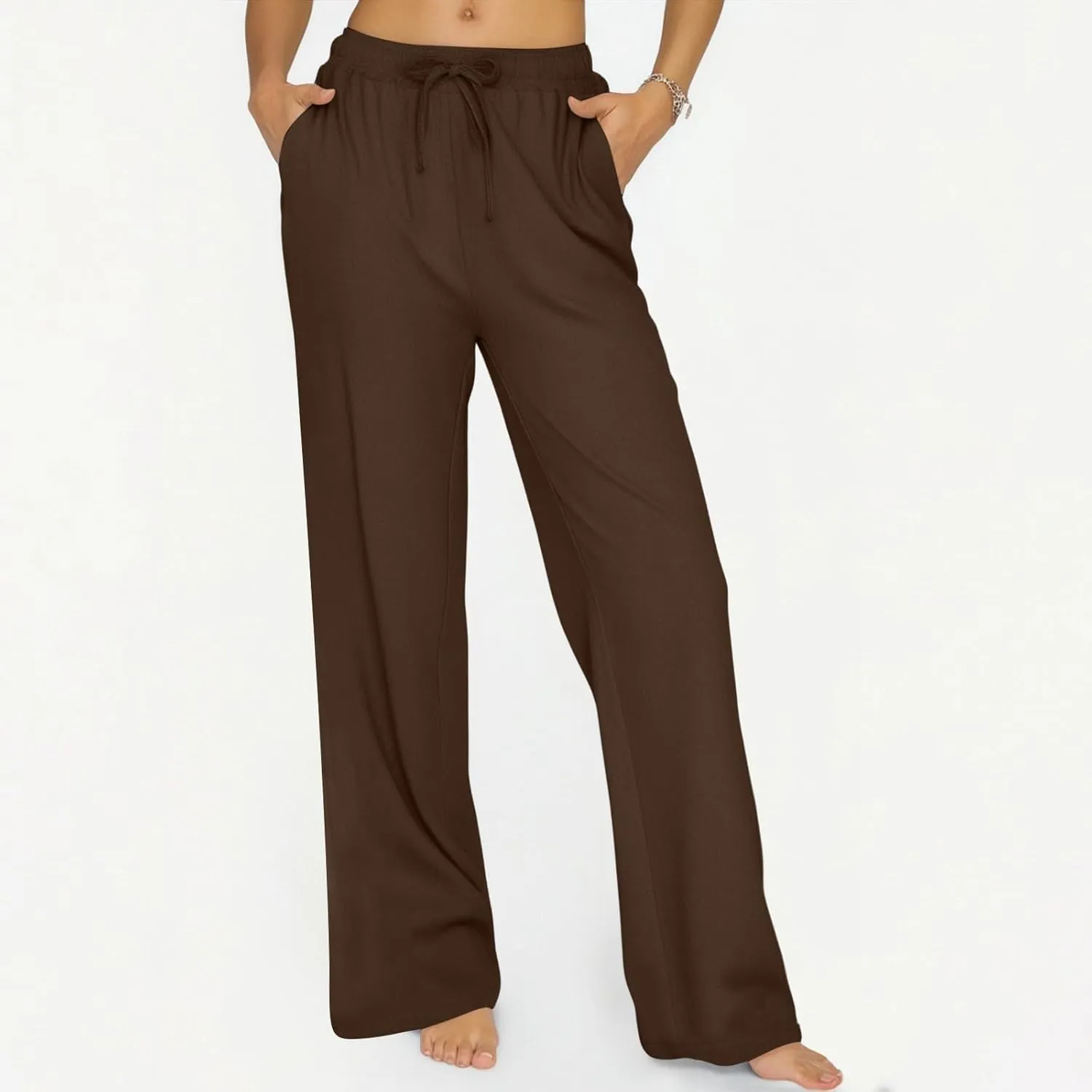 ADHOWBEW Lightweight Capri Pants for Women Casual Cotton Summer Dressy High Waist Drawstring Flowy Slacks with Pockets