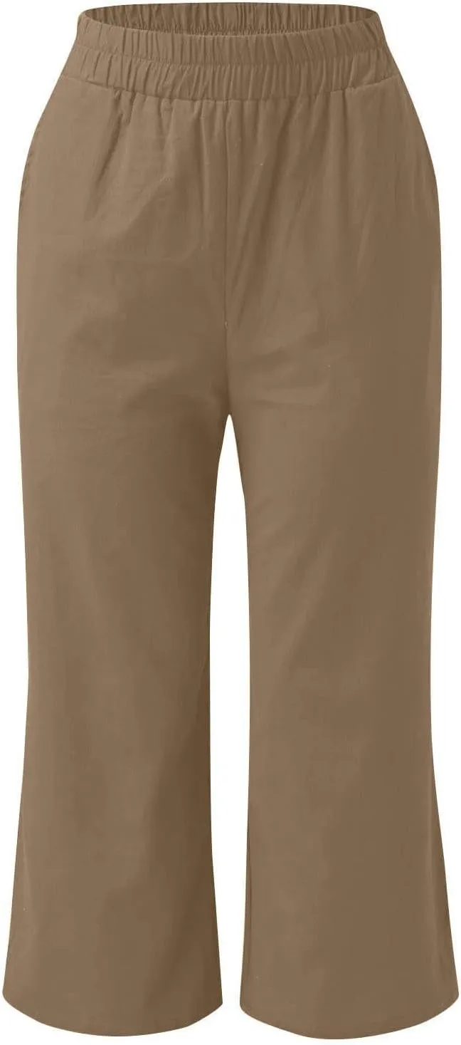 ADHOWBEW Linen Capri Pants for Women Lounge Flowy Wide Leg Summer High Waist Trendy Dressy Comfy Casual Slacks with Pockets
