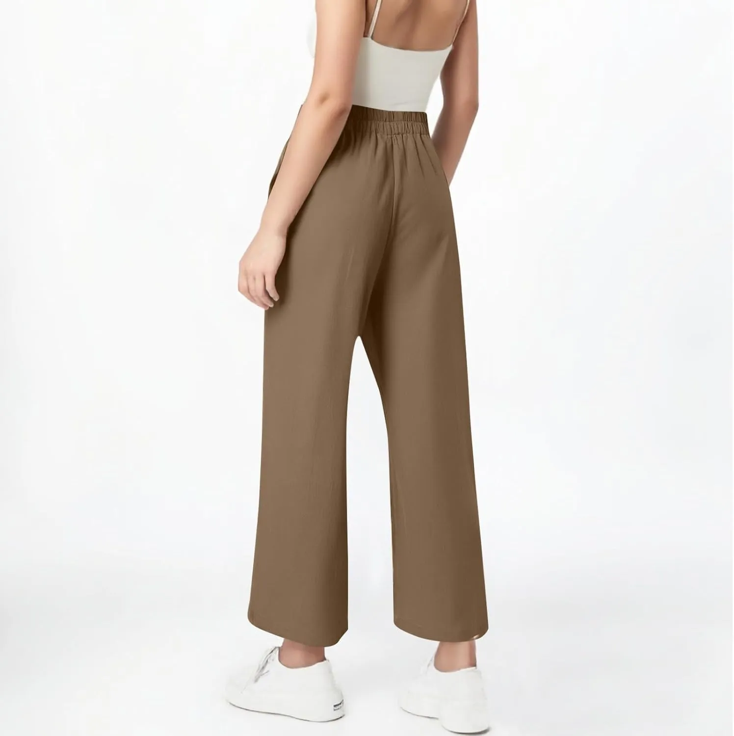 ADHOWBEW Linen Capri Pants for Women Lounge Flowy Wide Leg Summer High Waist Trendy Dressy Comfy Casual Slacks with Pockets
