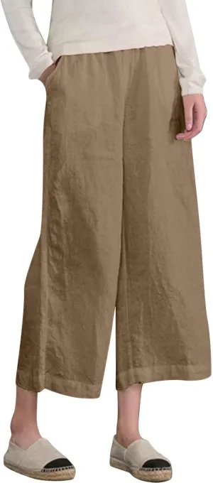 ADHOWBEW Linen Capri Pants for Women Lounge Flowy Wide Leg Summer High Waist Trendy Dressy Comfy Casual Slacks with Pockets
