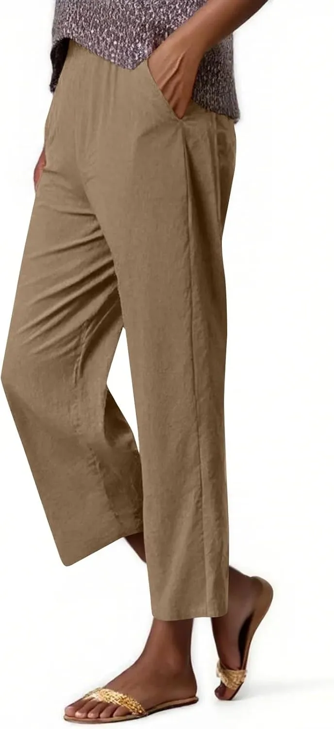ADHOWBEW Linen Capri Pants for Women Lounge Flowy Wide Leg Summer High Waist Trendy Dressy Comfy Casual Slacks with Pockets