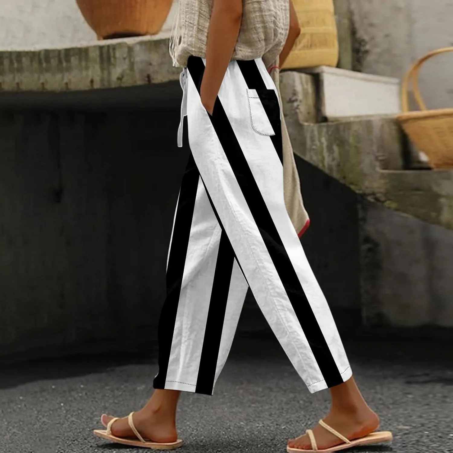 ADHOWBEW Plus Size Capri Pants for Women Dressy Flowy High Waist Casual Cotton Lounge Trendy Summer Bottoms with Pockets
