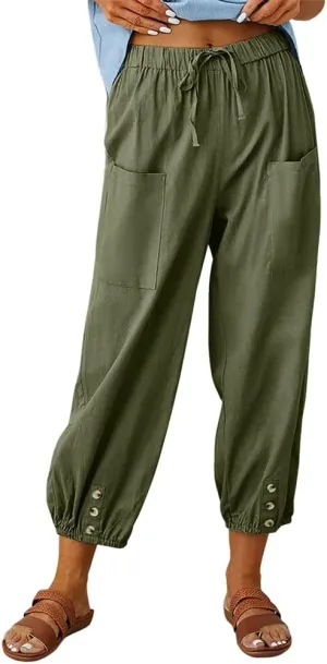 Akivide Women's High Waist Drawstring Cotton Linen Pants with 2 Pockets Straight Wide Leg Capri Cropped Trouser for Women