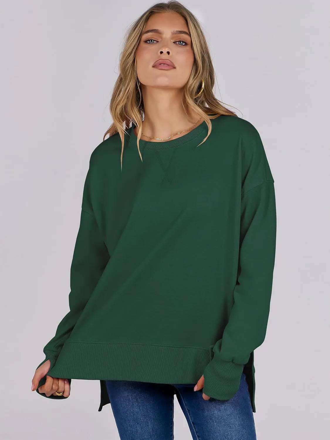 ANRABESS Sweatshirts for women 2025 Fall Fashion Long Sleeve Shirts Crewneck Lightweight Side Split Casual Pullover Top