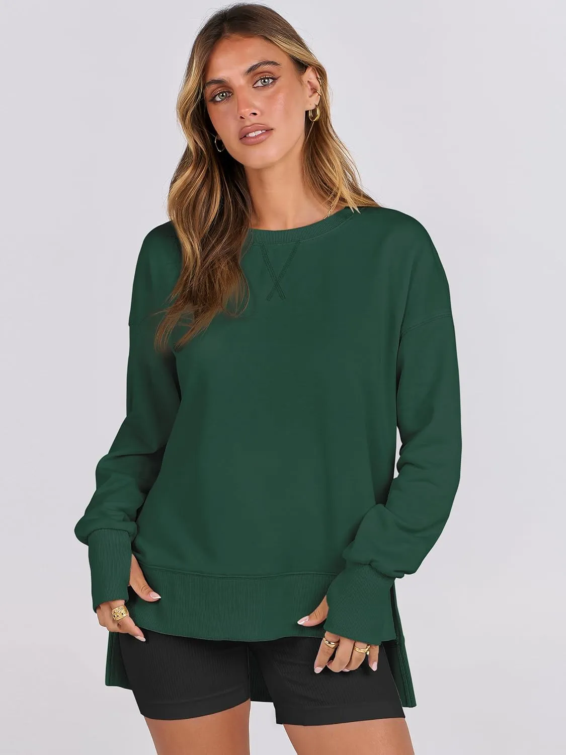 ANRABESS Sweatshirts for women 2025 Fall Fashion Long Sleeve Shirts Crewneck Lightweight Side Split Casual Pullover Top