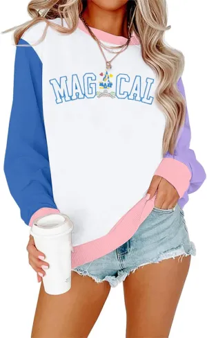 ASTANFY Magic Kingdom Sweatshirt Women Magical Castle Embroidered long Sleeve Shirt Cute Family Vacation Pullover Tops