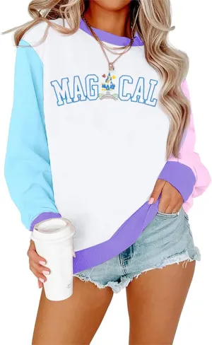 ASTANFY Magic Kingdom Sweatshirt Women Magical Castle Embroidered long Sleeve Shirt Cute Family Vacation Pullover Tops