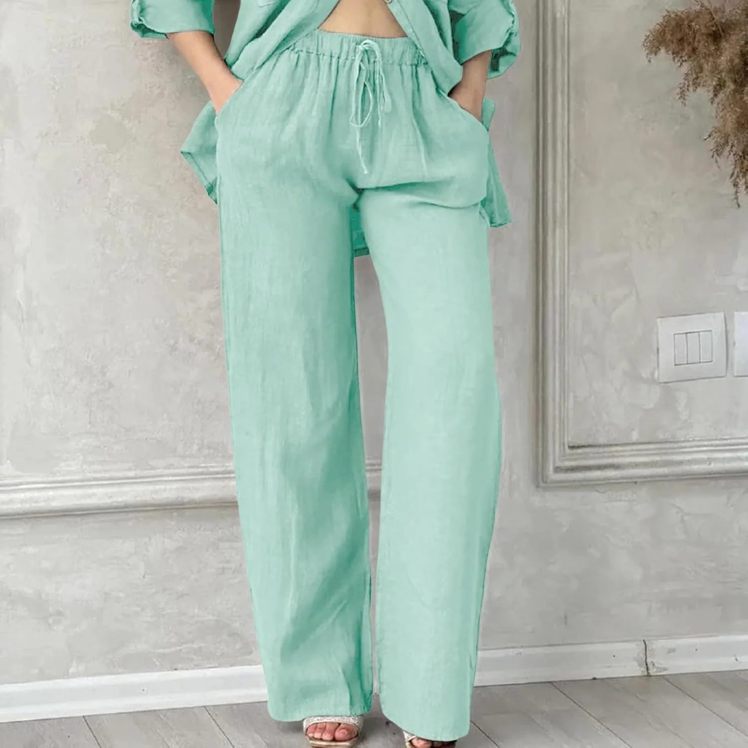 Baggy Linen Pants for Women Summer Boho High Waisted Palazzo Pants Loose Comfy Straight Leg Trousers with Pockets