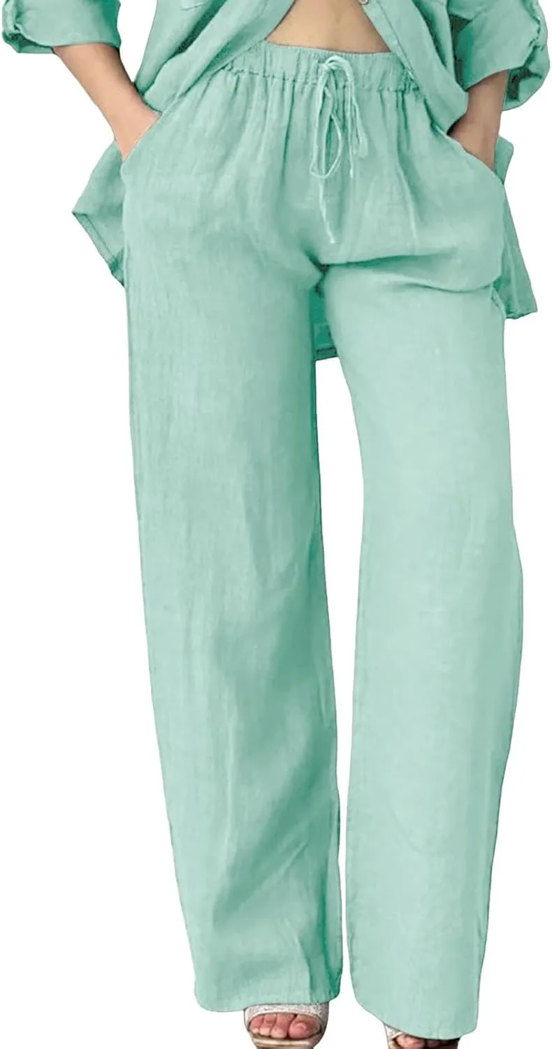 Baggy Linen Pants for Women Summer Boho High Waisted Palazzo Pants Loose Comfy Straight Leg Trousers with Pockets