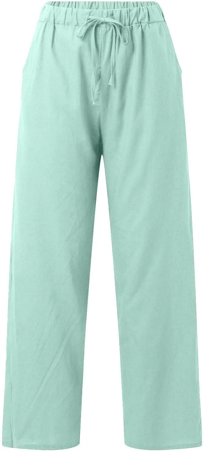 Baggy Linen Pants for Women Summer Boho High Waisted Palazzo Pants Loose Comfy Straight Leg Trousers with Pockets