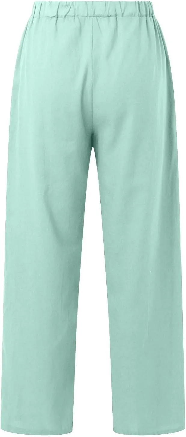 Baggy Linen Pants for Women Summer Boho High Waisted Palazzo Pants Loose Comfy Straight Leg Trousers with Pockets
