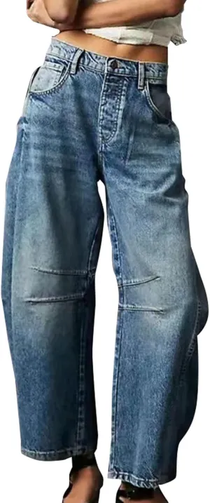 Barrel Jeans Women Petite Length Ankle Wide Leg Pants Y2K Baggy Casual Vintage Boyfriend Mid Rise Harem Denim Pants