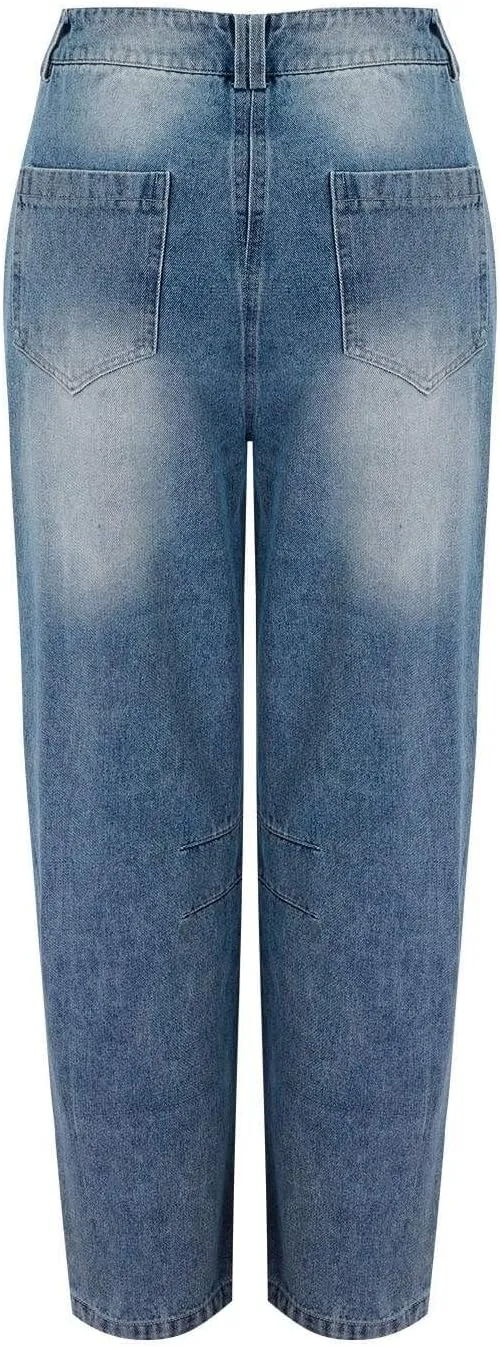Barrel Jeans Women Petite Length Ankle Wide Leg Pants Y2K Baggy Casual Vintage Boyfriend Mid Rise Harem Denim Pants