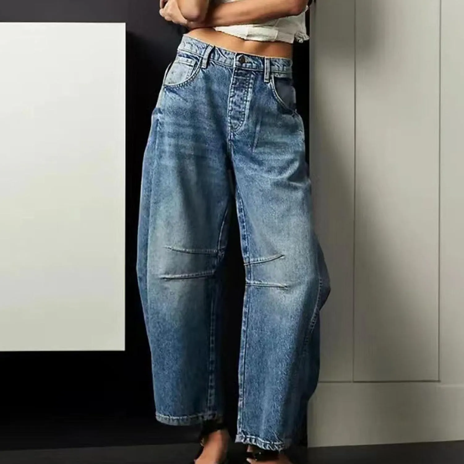 Barrel Jeans Women Petite Length Ankle Wide Leg Pants Y2K Baggy Casual Vintage Boyfriend Mid Rise Harem Denim Pants