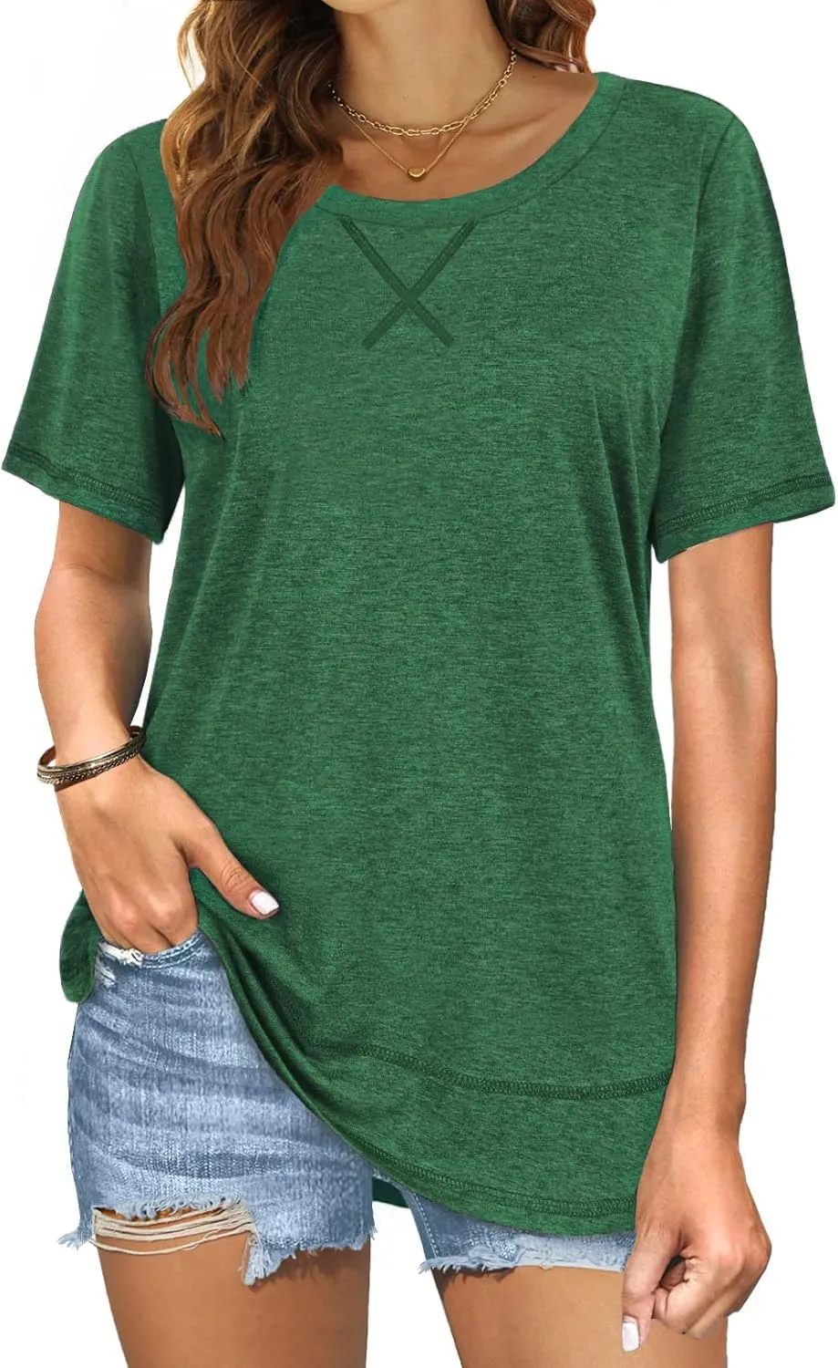 Beimuc Summer Tops for Women Short Sleeve Crewneck Tshirts Side Split Loose Fit Tunic Shirts