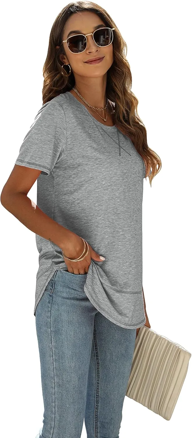 Beimuc Summer Tops for Women Short Sleeve Crewneck Tshirts Side Split Loose Fit Tunic Shirts