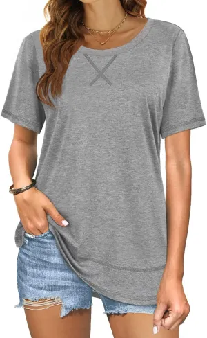 Beimuc Summer Tops for Women Short Sleeve Crewneck Tshirts Side Split Loose Fit Tunic Shirts