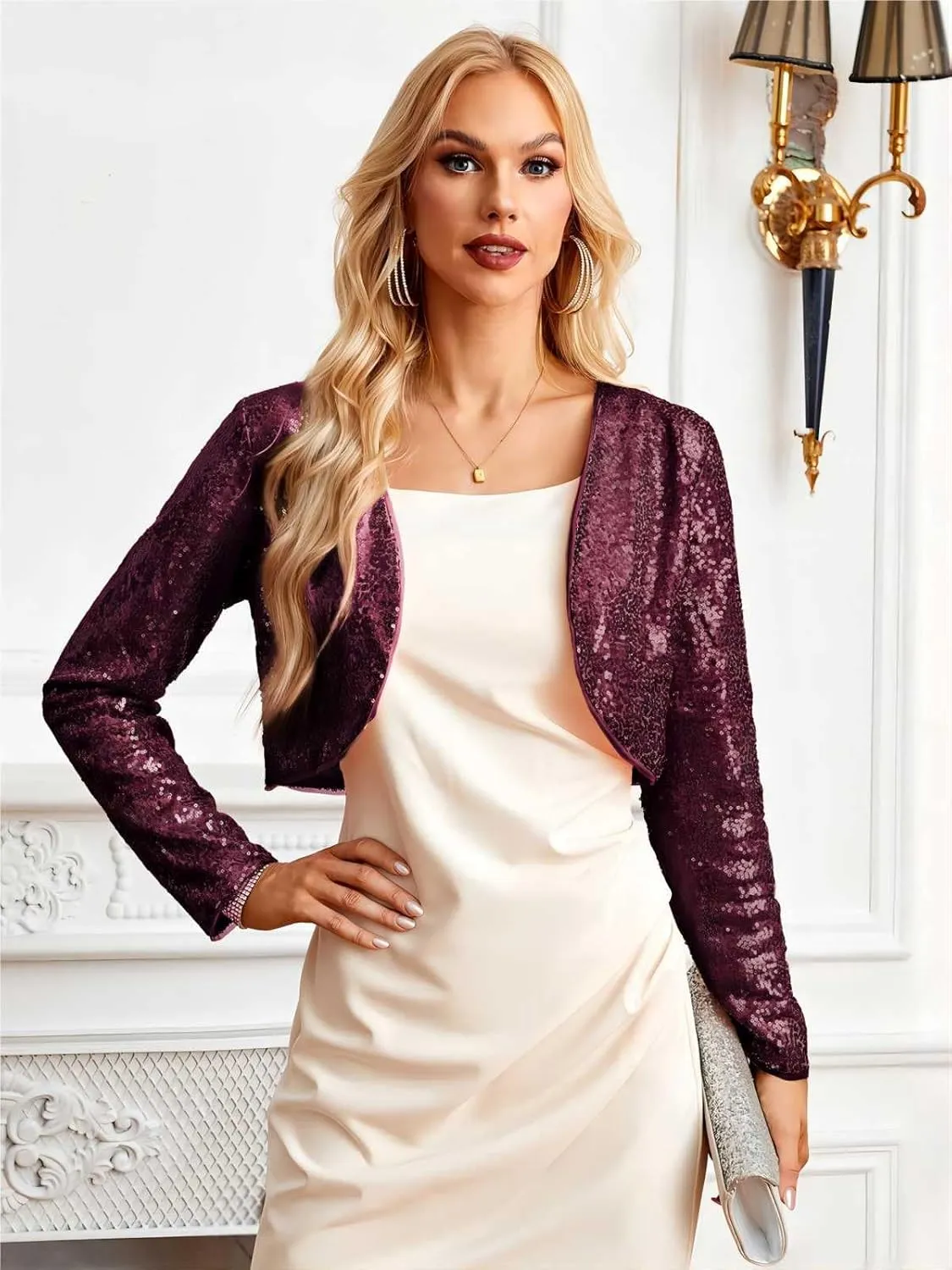 Belle Poque Women's Sequin Jacket Open Front Long Sleeve Sparkly Blazer Bolero Shrugs for Dresses S-XXL