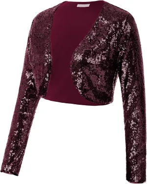 Belle Poque Women's Sequin Jacket Open Front Long Sleeve Sparkly Blazer Bolero Shrugs for Dresses S-XXL
