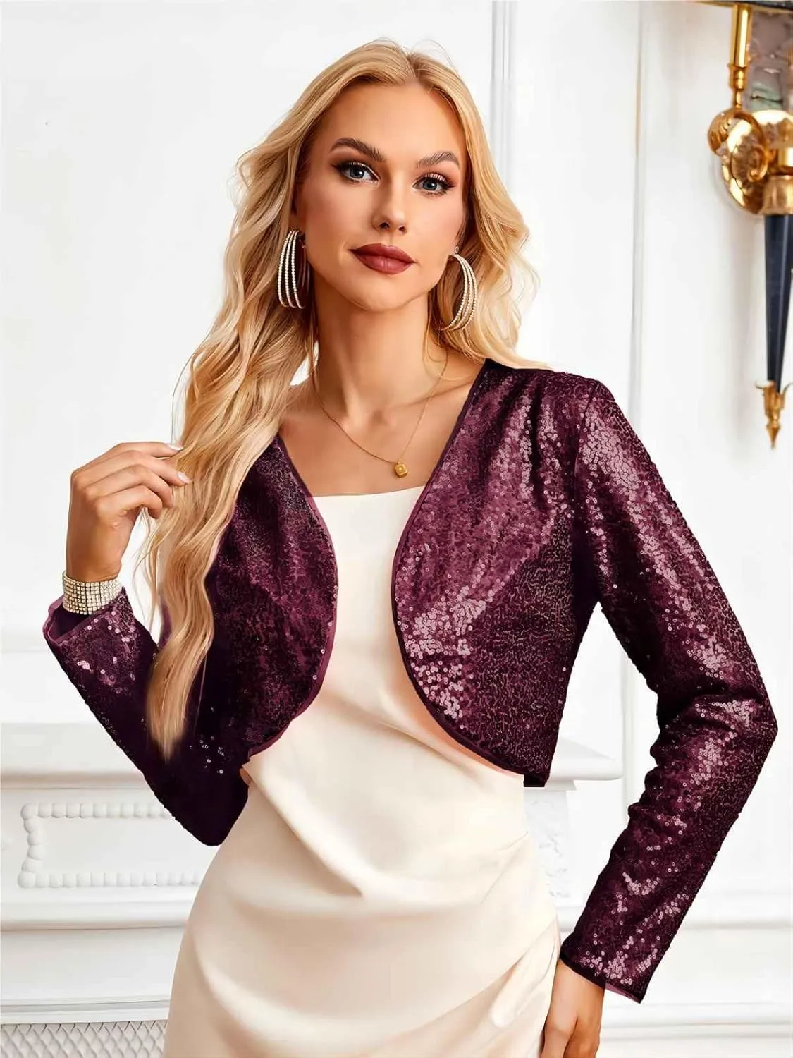 Belle Poque Women's Sequin Jacket Open Front Long Sleeve Sparkly Blazer Bolero Shrugs for Dresses S-XXL