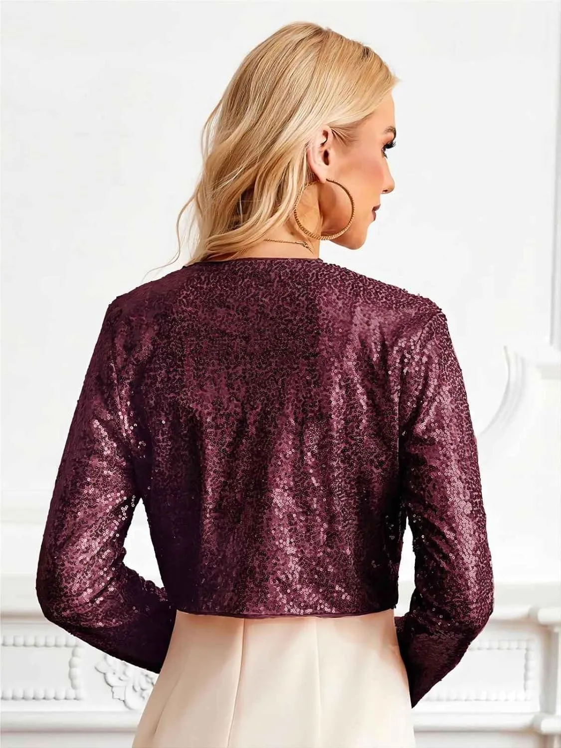 Belle Poque Women's Sequin Jacket Open Front Long Sleeve Sparkly Blazer Bolero Shrugs for Dresses S-XXL