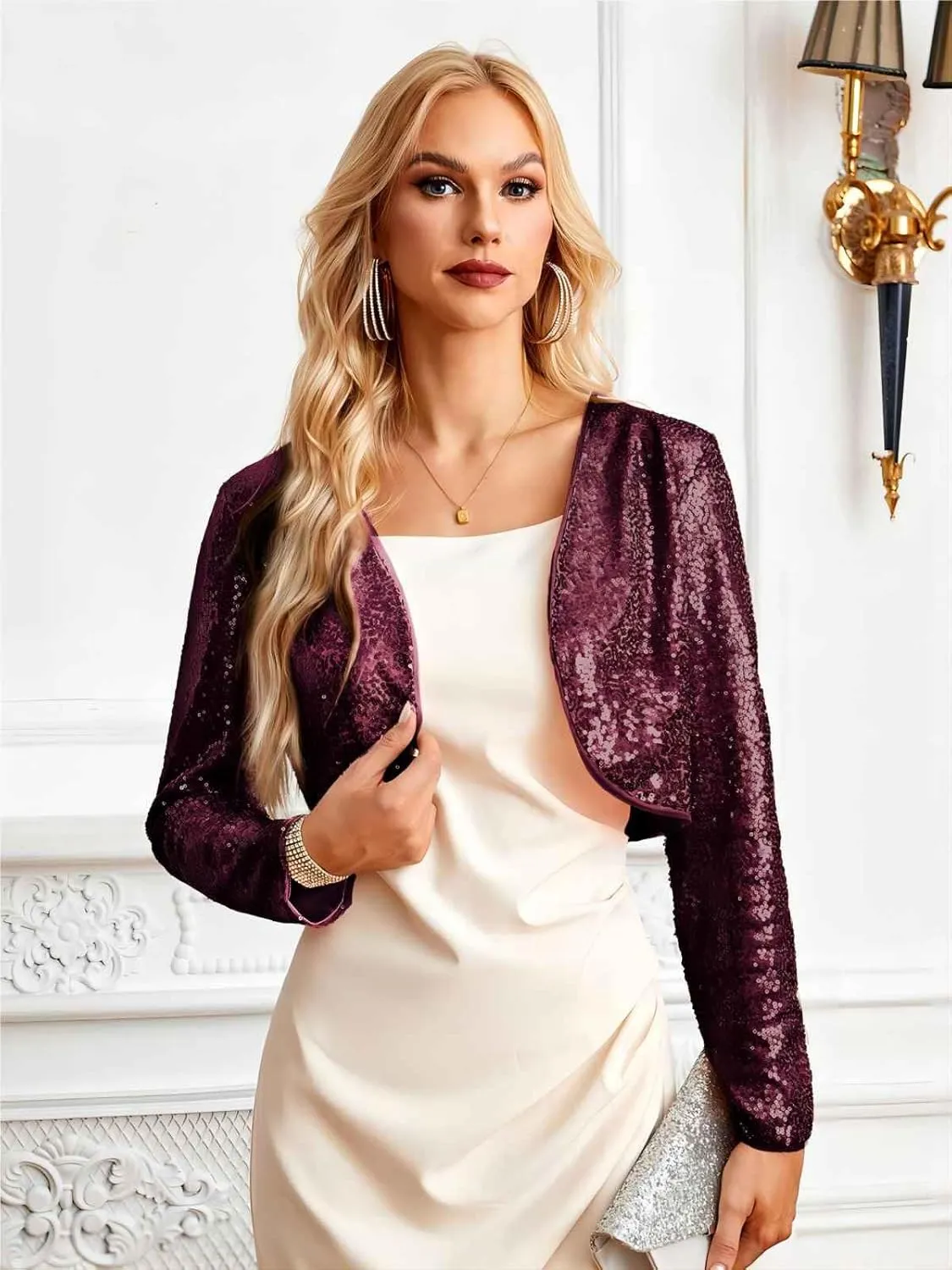 Belle Poque Women's Sequin Jacket Open Front Long Sleeve Sparkly Blazer Bolero Shrugs for Dresses S-XXL