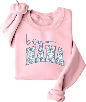 Boy Mama Women Crewneck Fleece Sweatshirt Cute Flower Graphic Mom Long Sleeve Shirt Fashion Mommy Fall Pullover Tops
